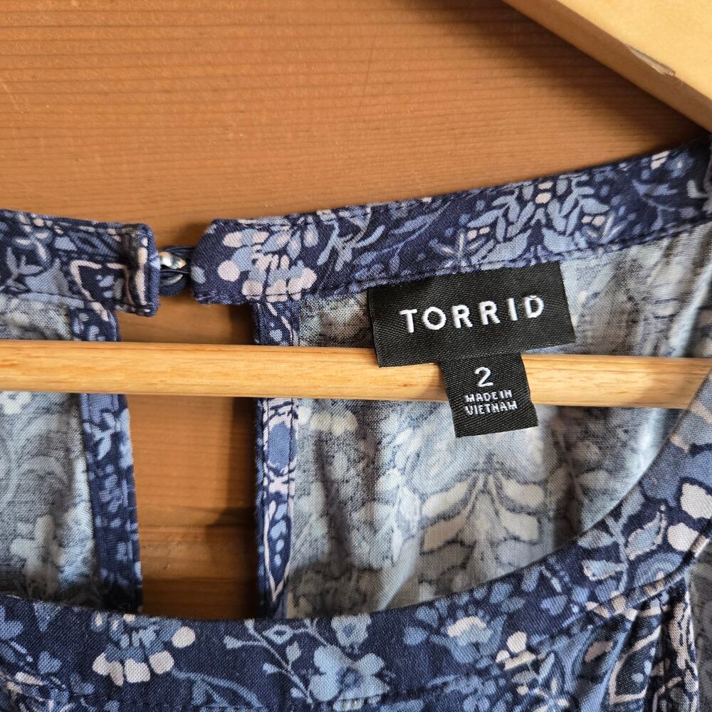 Torrid A-Line Mini Dress Blue Geo 2X Halter High Low Pocket Boho Summer Cottage - Picture 3 of 5